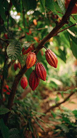 A wide shot of Cocoa tree swaying gently in the wind, realistic photography style, bright and vivid...