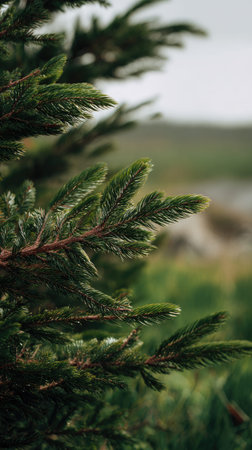 A wide shot of Fir swaying gently in the wind, realistic photography style, bright and vivid colors,...