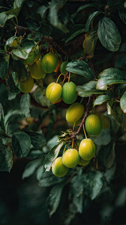 A wide shot of Greengage swaying gently in the wind, realistic photography style, bright and vivid colors, natural lighting.の写真素材