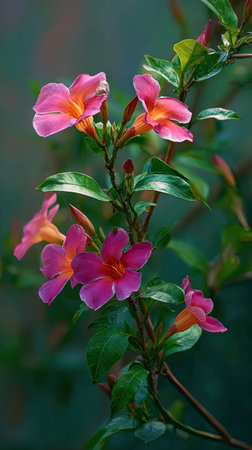 A wide shot of Mandevilla swaying gently in the wind, realistic photography style, bright and vivid...