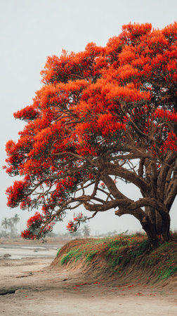 A wide shot of Coral tree swaying gently in the wind, realistic photography style, bright and vivid...