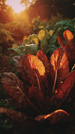 The Radicchio at sunset, Golden red sunset light filters through the leaves, still atmosphere, warm orange glow blending with natural greenの写真素材
