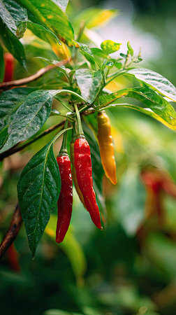 A wide shot of red and yellow chili peppers swaying gently in the wind, realistic photography style,...