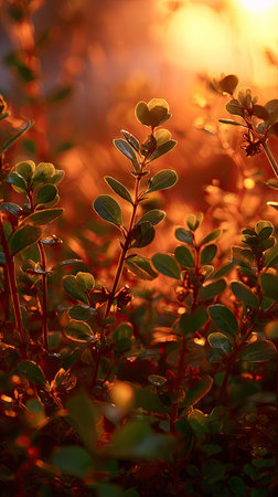 The Purslane at sunset, Golden red sunset light filters through the leaves, still atmosphere, warm orange glow blending with natural greenの写真素材