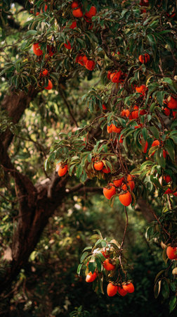 A wide shot of Persimmon tree swaying gently in the wind, realistic photography style, bright and...