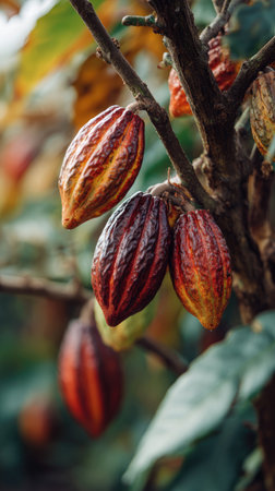A wide shot of Cocoa swaying gently in the wind, realistic photography style, bright and vivid colors, natural lighting.の写真素材