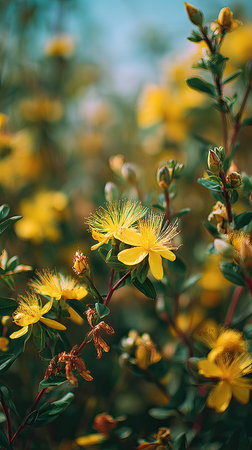 A wide shot of St John s wort swaying gently in the wind, realistic photography style, bright and...