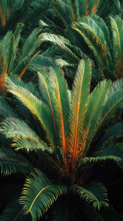 A wide shot of Sago palm swaying gently in the wind, realistic photography style, bright and vivid colors, natural lighting.の写真素材