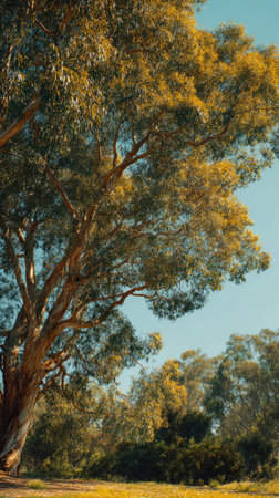 A wide shot of Lemon scented gum swaying gently in the wind, realistic photography style, bright and...