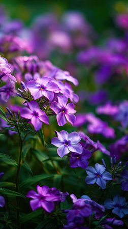A wide shot of Phlox swaying gently in the wind, realistic photography style, bright and vivid colors, natural lighting.の写真素材