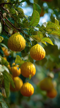 A wide shot of Ugli fruit swaying gently in the wind, realistic photography style, bright and vivid...