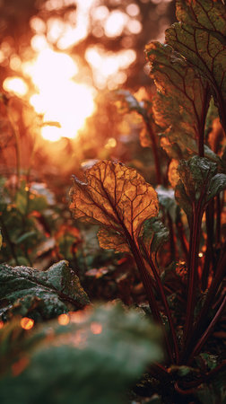 The Radish at sunset, Golden red sunset light filters through the leaves, still atmosphere, warm...