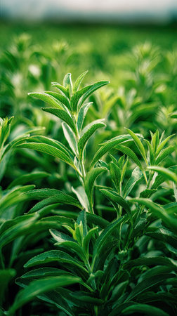 A wide shot of Stevia swaying gently in the wind, realistic photography style, bright and vivid...