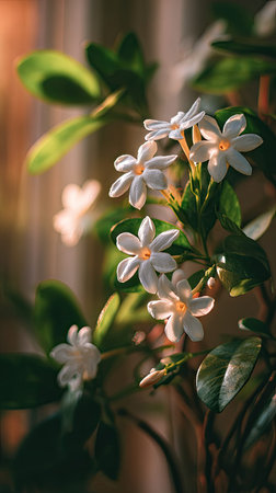 A wide shot of Stephanotis swaying gently in the wind, realistic photography style, bright and vivid...