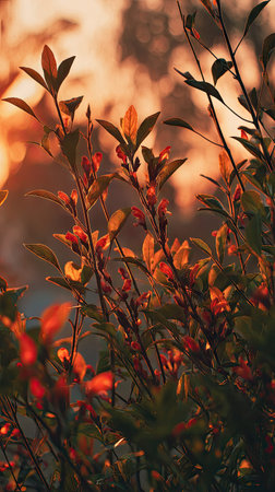 Golden red sunset light filters through the leaves, still atmosphere, warm orange glow blending with...