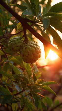 The Sugar apple at sunset, Golden red sunset light filters through the leaves, still atmosphere,...