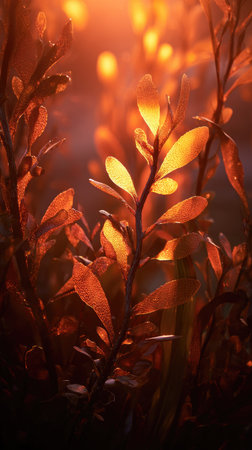 The Seaweed at sunset, Golden red sunset light filters through the leaves, still atmosphere, warm orange glow blending with natural greenの写真素材