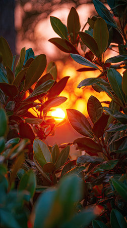 The Southern magnolia at sunset, Golden red sunset light filters through the leaves, still...