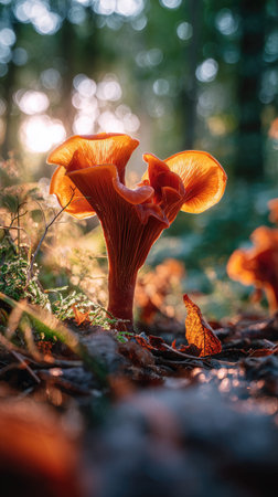 The Wood ear mushroom at sunset, Golden red sunset light filters through the leaves, still atmosphere, warm orange glow blending with natural greenの写真素材