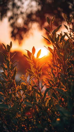 The Tea tree at sunset, Golden red sunset light filters through the leaves, still atmosphere, warm...