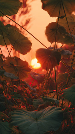 The Shungiku at sunset, Golden red sunset light filters through the leaves, still atmosphere, warm...