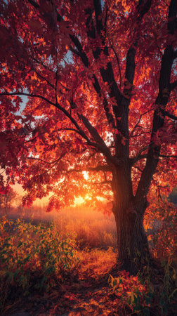 The Red oak at sunset, Golden red sunset light filters through the leaves, still atmosphere, warm...