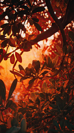 Golden red sunset light filters through the leaves, still atmosphere, warm orange glow blending with...