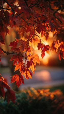 The Red maple at sunset, Golden red sunset light filters through the leaves, still atmosphere, warm...