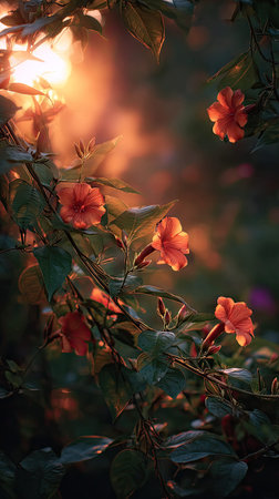 The Thunbergia at sunset, Golden red sunset light filters through the leaves, still atmosphere, warm orange glow blending with natural greenの写真素材