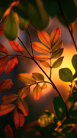 The Sassafras at sunset, Golden red sunset light filters through the leaves, still atmosphere, warm orange glow blending with natural greenの写真素材