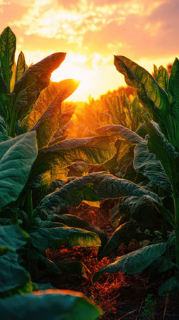 The Tobacco at sunset, Golden red sunset light filters through the leaves, still atmosphere, warm orange glow blending with natural greenの写真素材