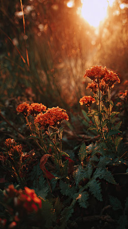 The Sweet William at sunset, Golden red sunset light filters through the leaves, still atmosphere,...