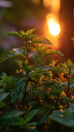 The Thai basil at sunset, Golden red sunset light filters through the leaves, still atmosphere, warm orange glow blending with natural greenの写真素材