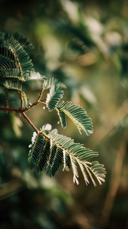 A detailed photograph of a single Acacia, swaying gently in the wind, captured in natural daylight. Fresh and airy atmosphere, soft motion blur on leaves, crisp details on textures, background softly blurred into natural greenery, cinematic natural light, realistic photography.の写真素材