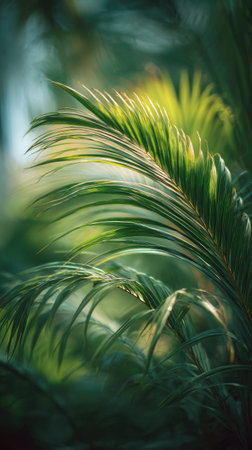 A detailed photograph of a single Areca palm, swaying gently in the wind, captured in natural...