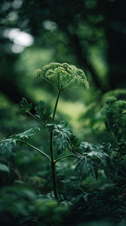 A detailed photograph of a single Angelica, swaying gently in the wind, captured in natural...