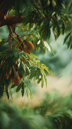 A detailed photograph of a single Breadnut tree, swaying gently in the wind, captured in natural...