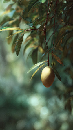 A detailed photograph of a single Canistel, swaying gently in the wind, captured in natural...