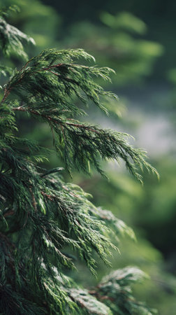 A detailed photograph of a single Fir, swaying gently in the wind, captured in natural daylight....