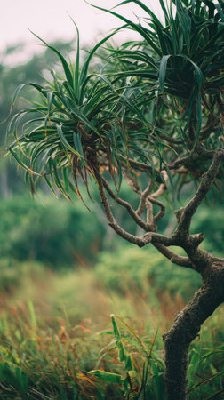 A detailed photograph of a single Dragon tree, swaying gently in the wind, captured in natural...