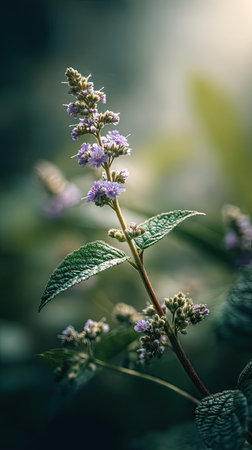 A detailed photograph of a single Heliotrope, swaying gently in the wind, captured in natural...