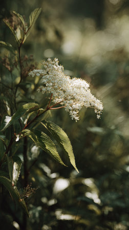 A detailed photograph of a single Elderflower, swaying gently in the wind, captured in natural daylight. Fresh and airy atmosphere, soft motion blur on leaves, crisp details on textures, background softly blurred into natural greenery, cinematic natural light, realistic photography.の写真素材