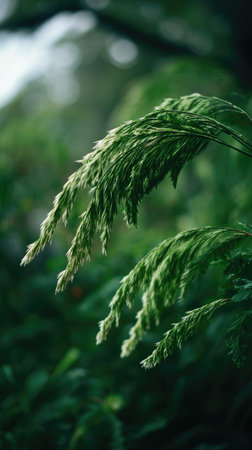 A detailed photograph of a single Komatsuna, swaying gently in the wind, captured in natural...