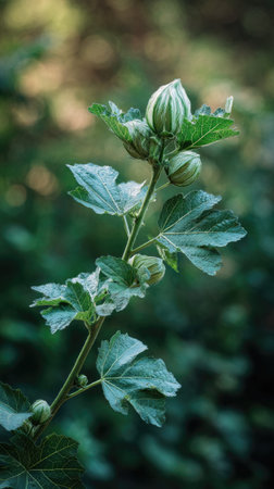 A detailed photograph of a single Jute mallow, swaying gently in the wind, captured in natural...