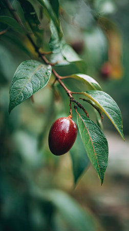 A detailed photograph of a single Miracle fruit, swaying gently in the wind, captured in natural...