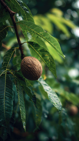A detailed photograph of a single English walnut, swaying gently in the wind, captured in natural...