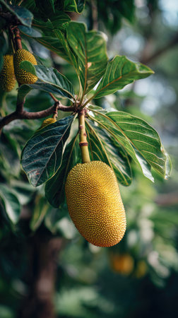 A detailed photograph of a single Jackfruit, swaying gently in the wind, captured in natural daylight. Fresh and airy atmosphere, soft motion blur on leaves, crisp details on textures, background softly blurred into natural greenery, cinematic natural light, realistic photography.の写真素材