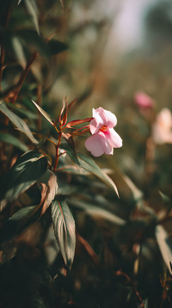 A detailed photograph of a single Impatiens, swaying gently in the wind, captured in natural...