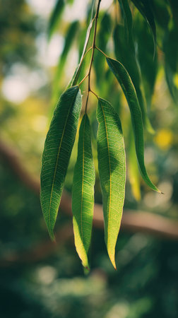 A detailed photograph of a single Mango leaf, swaying gently in the wind, captured in natural...