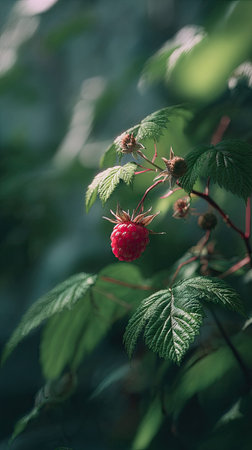 A detailed photograph of a single Raspberry, swaying gently in the wind, captured in natural...